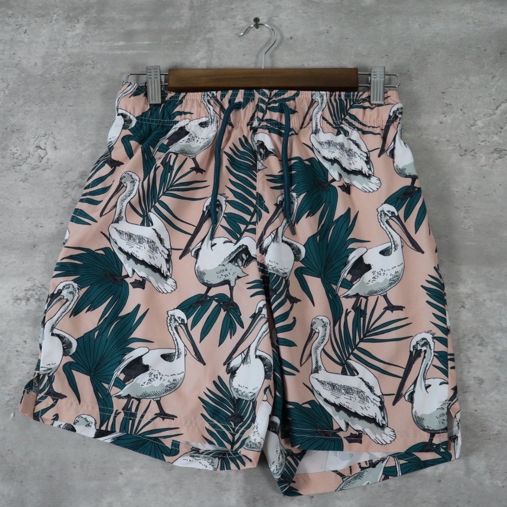 George Pelican Print Swim Trunks S 28-30 Pink Tropical Beach Shorts